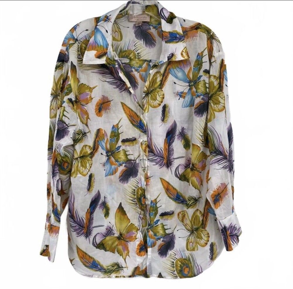 Philosophy Button Up 3/4 Sleeve Cotton Blouse Women’s 2X White Print Butterflies